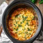 Slow cooker chicken enchilada casserole topped with melted cheese and fresh herbs in a white crockpot, served with cilantro and spoon on a light table.