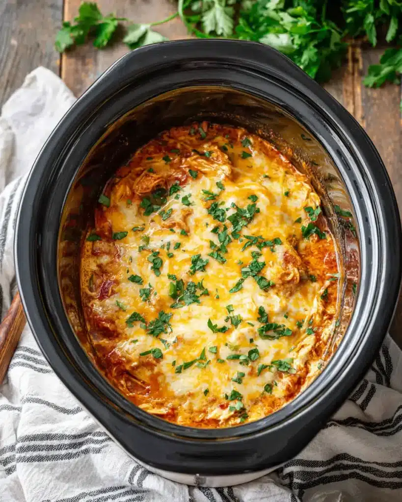 Slow cooker chicken enchilada casserole topped with melted cheese and fresh herbs in a white crockpot, served with cilantro and spoon on a light table.