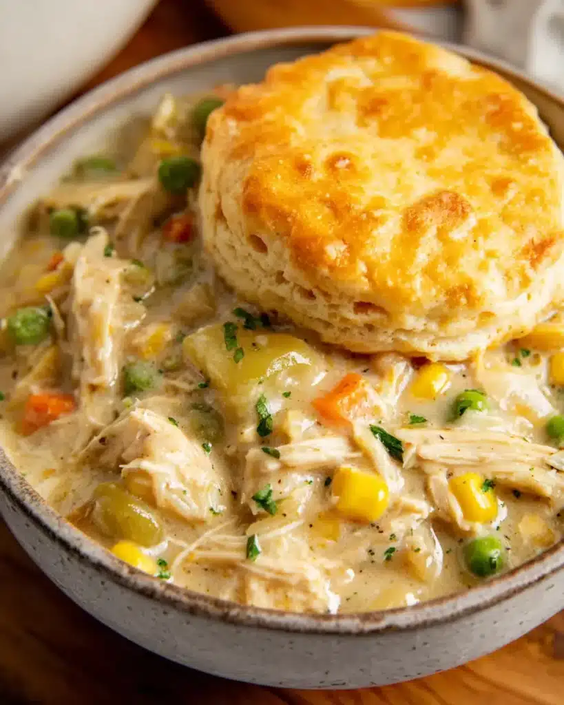 Close-up of creamy chicken and vegetable stew topped with a flaky biscuit in a rustic bowl