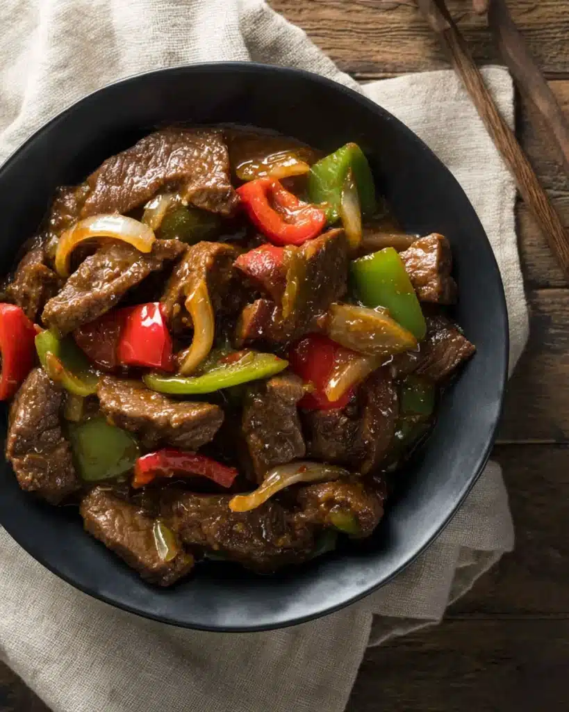 Crockpot pepper steak with tender beef, sautéed peppers, and onions in a black bowl on rustic linen.