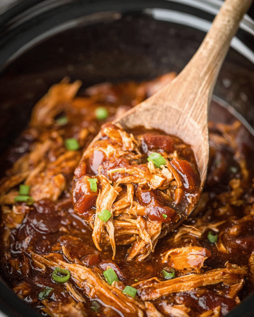 Wooden spoon lifting shredded crock pot bourbon chicken in thick glaze