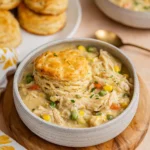 Creamy chicken and vegetable stew in a bowl, topped with a flaky buttermilk biscuit