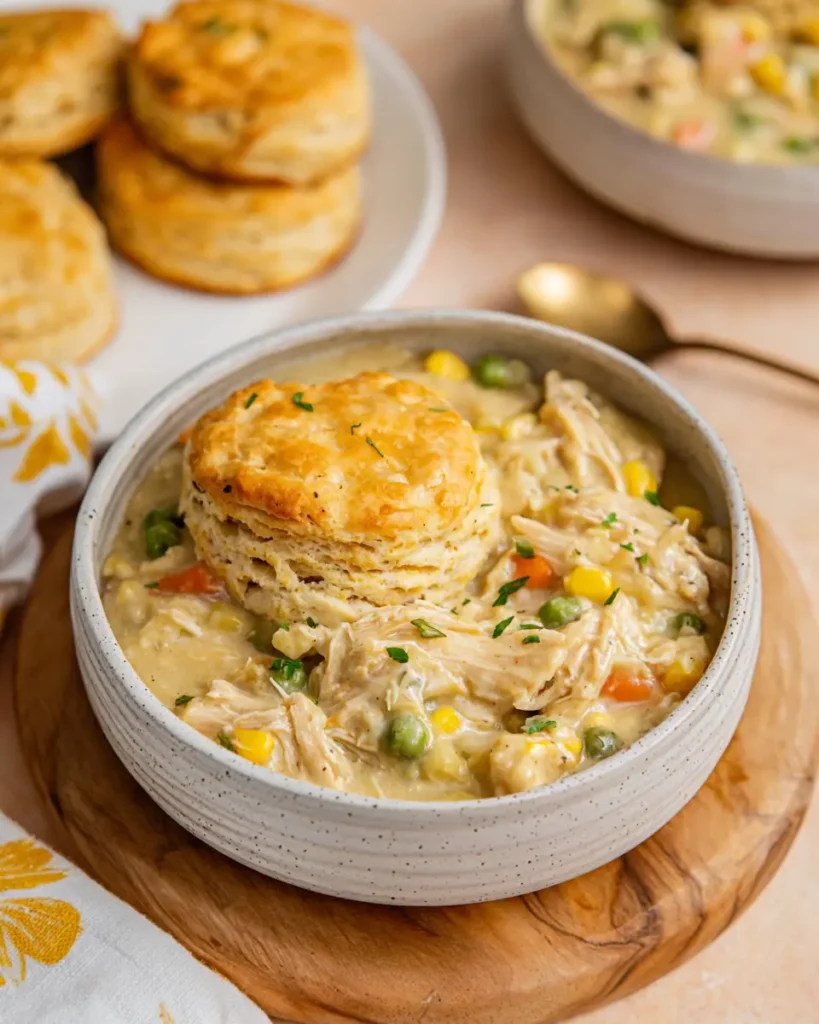 Creamy chicken and vegetable stew in a bowl, topped with a flaky buttermilk biscuit