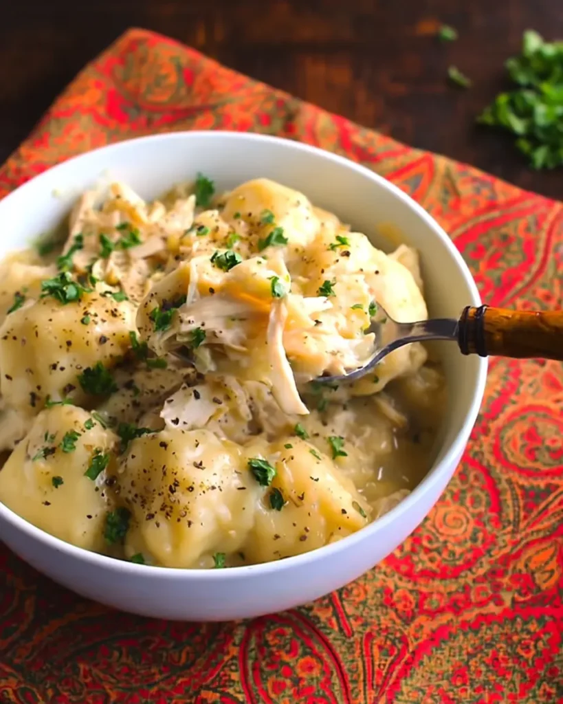 A spoonful of creamy crockpot chicken and biscuit dumplings being lifted from a white bowl, served over a colorful patterned tablecloth.