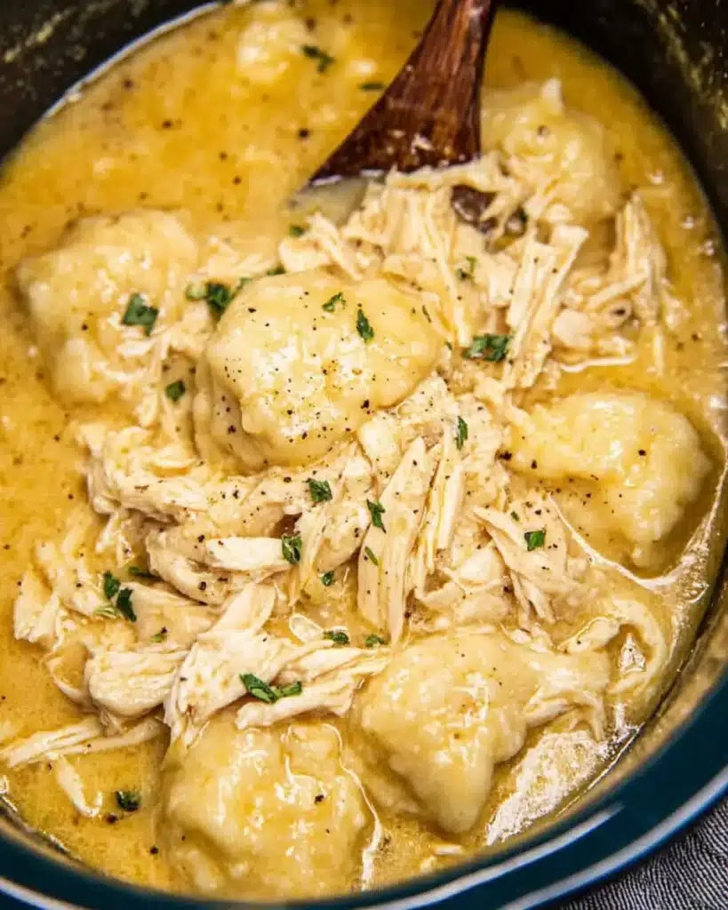 Close-up of creamy crockpot chicken and dumplings with tender shredded chicken and fluffy biscuit dumplings in golden broth, garnished with parsley.