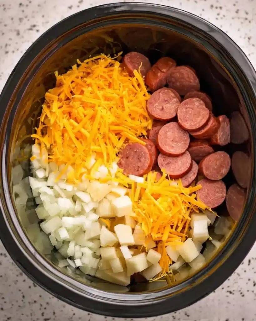 Raw ingredients for Crockpot Cheesy Kielbasa Meal layered in a slow cooker