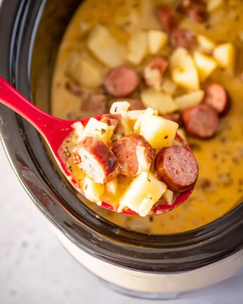 Serving Crockpot Cheesy Kielbasa Meal with sausage and potatoes in red spoon