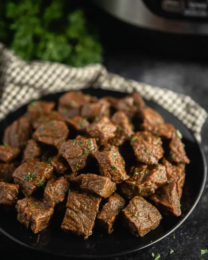 Slow-cooked steak bites on a plate with herb garnish and rustic kitchen background