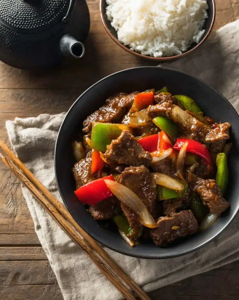 Overhead view of crockpot pepper steak with bell peppers and onions in black bowl with rice and chopsticks.