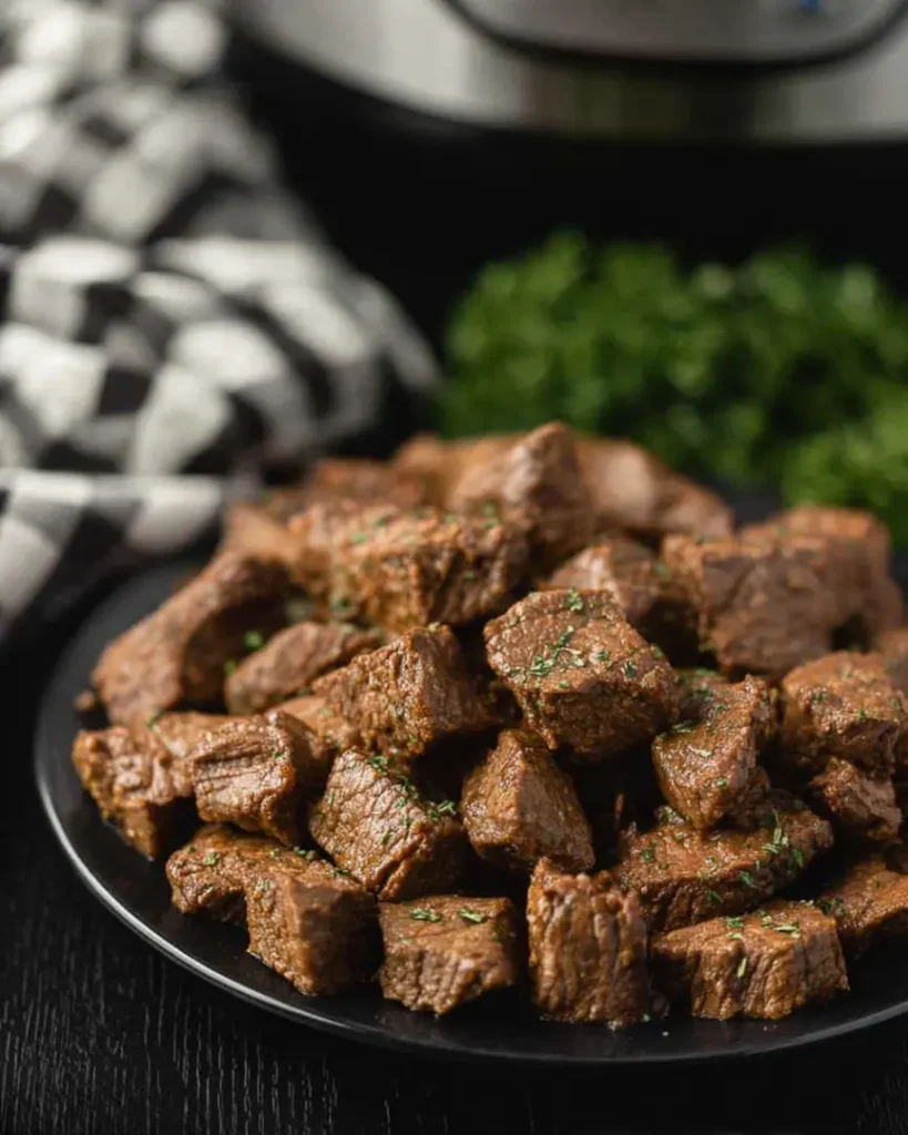 Easy Crockpot Steak Bites served on a black plate with herbs and a rustic kitchen towel in the background
