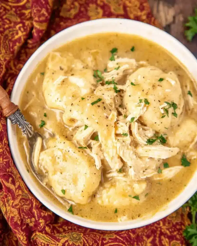A warm bowl of crock pot chicken and dumplings served with a spoon, featuring fluffy biscuit dumplings and shredded chicken in golden broth.