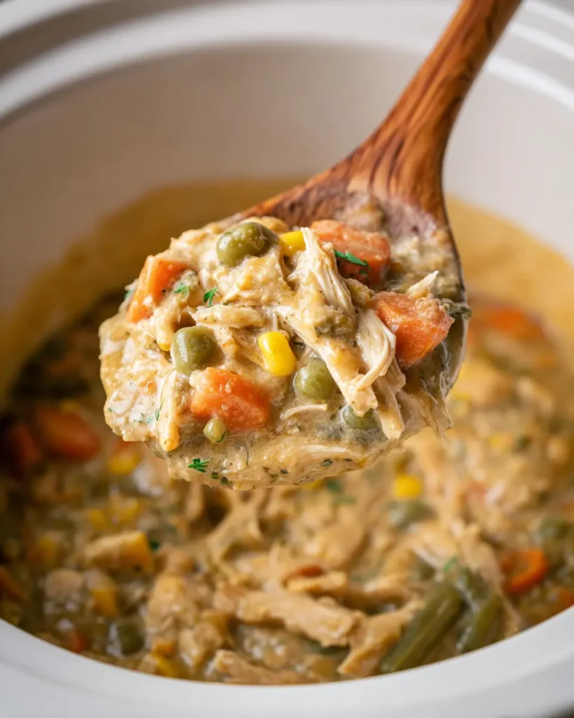 Wooden spoon lifting Crock Pot Chicken Pot Pie from a slow cooker