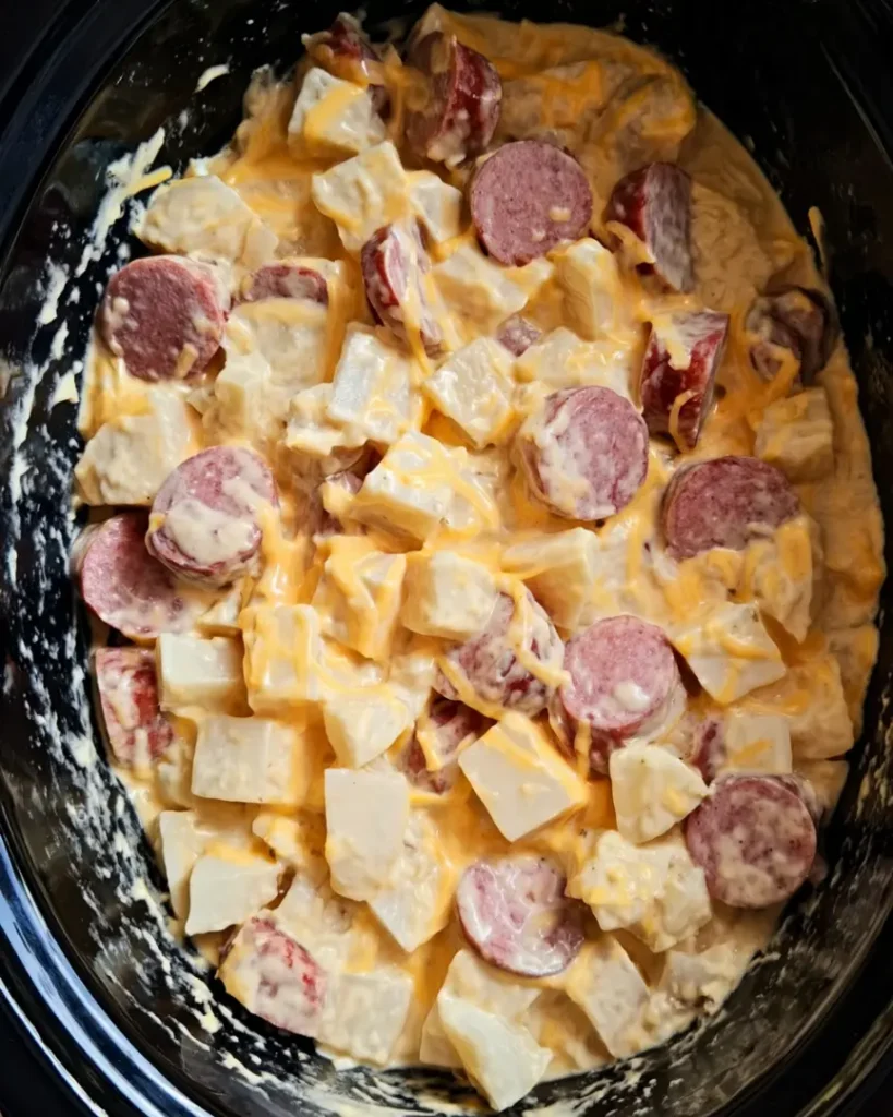 Creamy uncooked Crockpot Cheesy Kielbasa Meal mixed in slow cooker