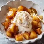 Caramelized cinnamon air fryer apples with melting vanilla ice cream in a white bowl