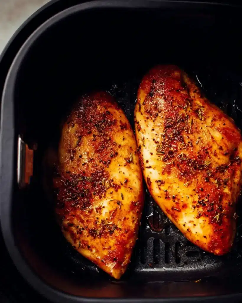 Chicken breasts seasoned and cooking in an air fryer basket with golden crust and herbs