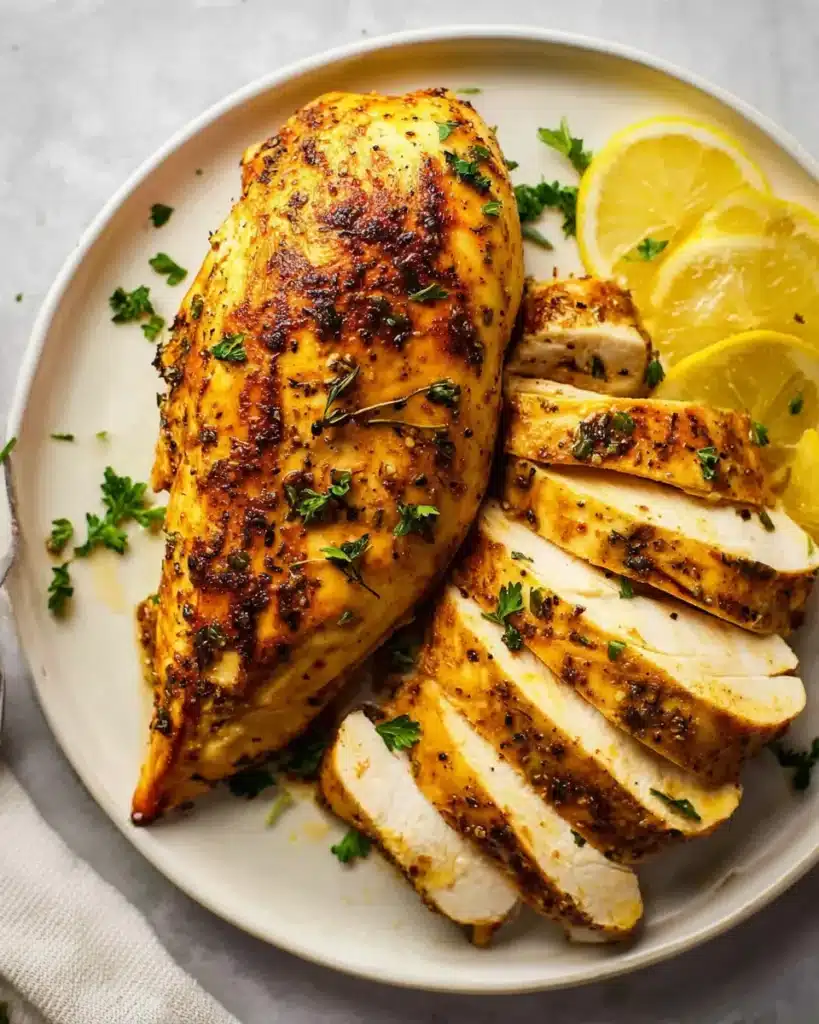 Juicy air fryer chicken breasts sliced and served with lemon wedges and herbs on a beige plate