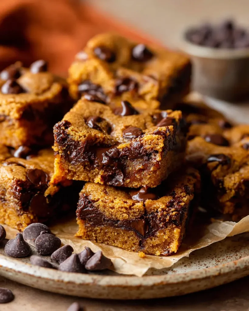Batch of pumpkin bars with chocolate chips cut into squares, with gooey chocolate centers