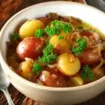 Bowl of Crock Pot Potatoes and Onions with fresh parsley garnish
