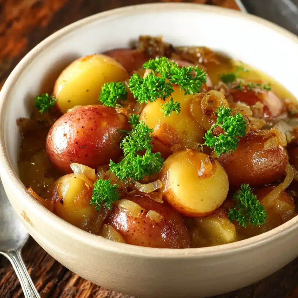 Bowl of Crock Pot Potatoes and Onions with fresh parsley garnish