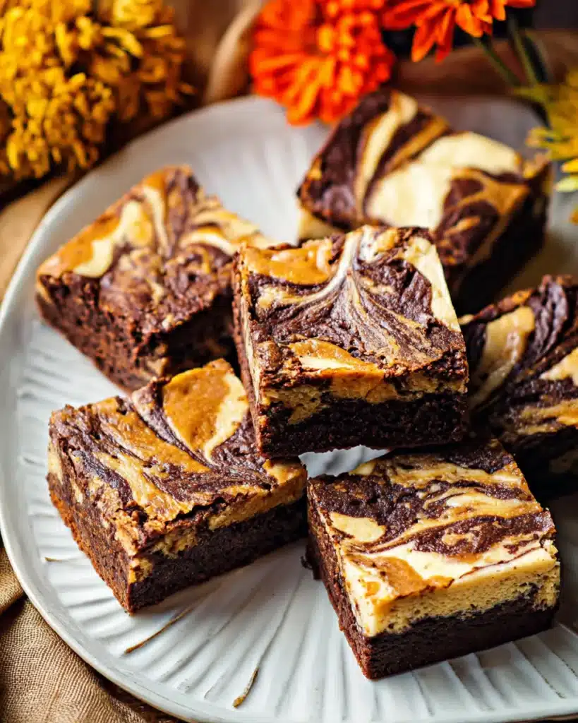 Plated pumpkin cheesecake brownies with marbled chocolate and pumpkin swirl on a white ceramic plate