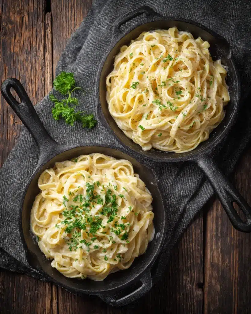 Side-by-side view of creamy lemon pasta before and after adding fresh herbs in black skillets