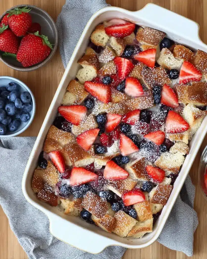 Overhead view of berry French toast casserole topped with strawberries and blueberries in a white baking dish, dusted with powdered sugar.