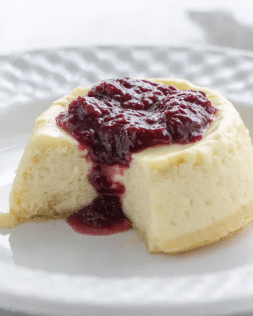 Keto cheesecake with a bite taken out, topped with berry compote on a white plate