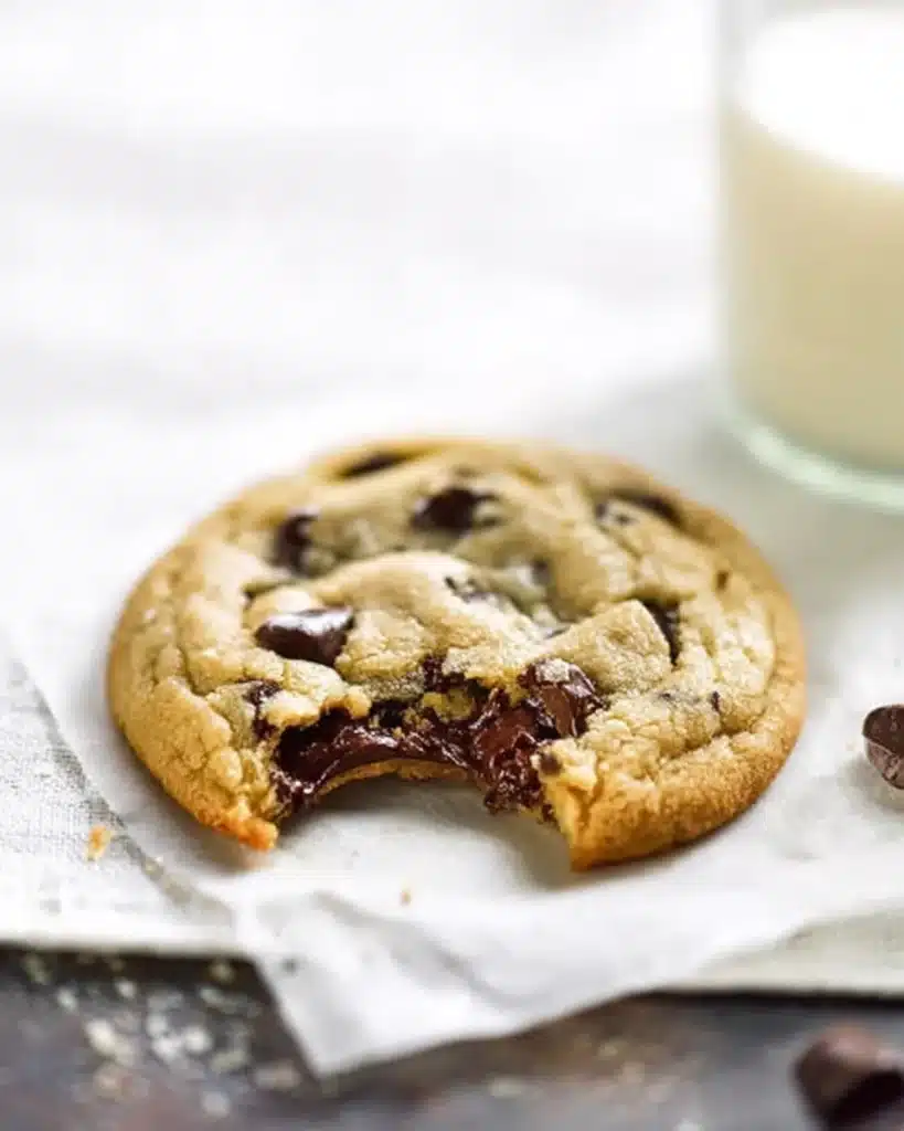 Soft chocolate chip cookie with a bite taken out, showing gooey chocolate center on parchment