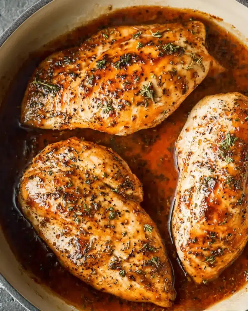 Brown Sugar Garlic Chicken breasts glazed in caramelized sauce with herbs in a rustic ceramic pan