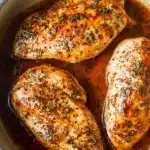 Brown Sugar Garlic Chicken breasts glazed in caramelized sauce with herbs in a rustic ceramic pan