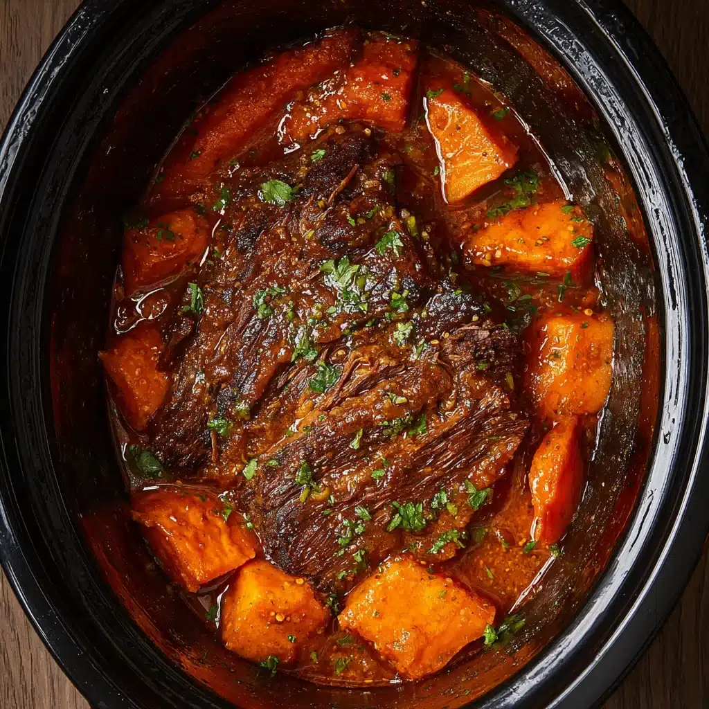 Overhead shot of Caribbean pot roast in slow cooker with sweet potatoes and carrots