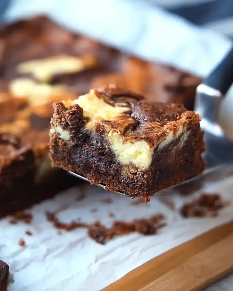Single cheesecake brownie on metal spatula showing fudgy base and creamy cheesecake swirl.