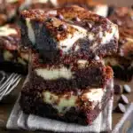 Stacked cheesecake brownies with creamy cheesecake swirls and chocolate chips on a rustic wooden board.