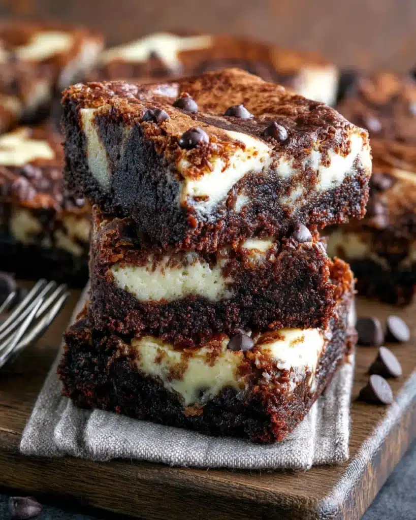 Stacked cheesecake brownies with creamy cheesecake swirls and chocolate chips on a rustic wooden board.