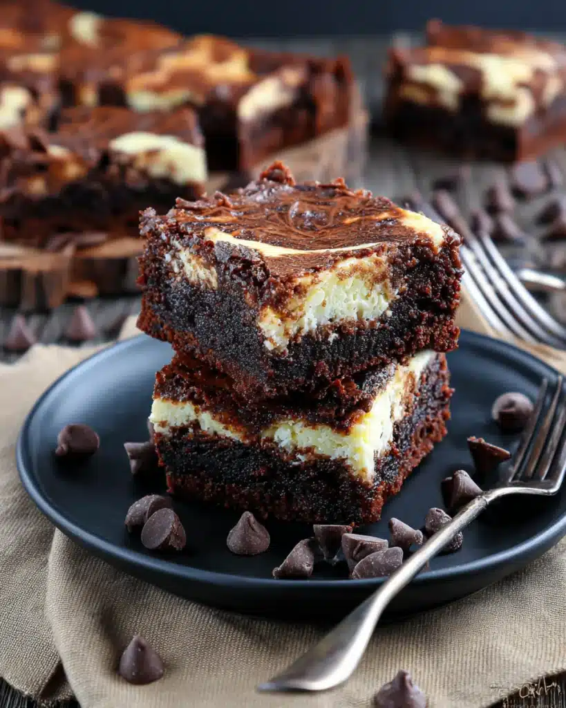 Stack of cheesecake brownies on a matte black plate with chocolate chips and rustic napkin.