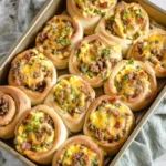 Golden baked breakfast rolls filled with eggs, sausage, bacon, and cheddar, topped with parsley in a tray