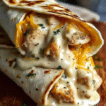 Close-up of cheesy chicken garlic wraps filled with grilled chicken, melted cheddar, and creamy garlic sauce on a toasted tortilla
