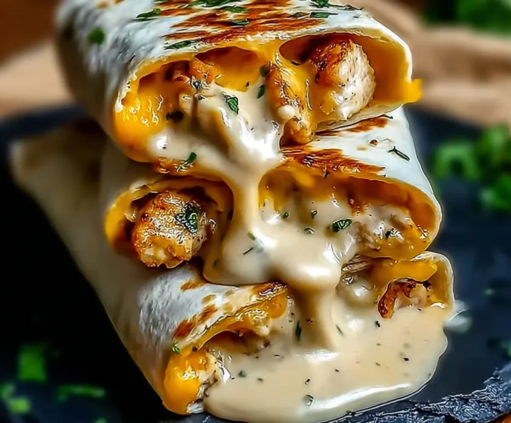 Stacked cheesy chicken garlic wraps filled with grilled chicken, creamy garlic sauce, and melted cheddar on a dark stone tray
