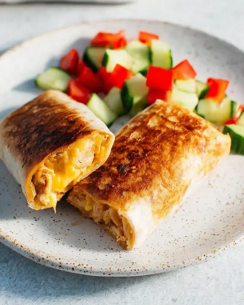 Crispy cheesy garlic chicken wraps served with fresh chopped salad on a ceramic plate