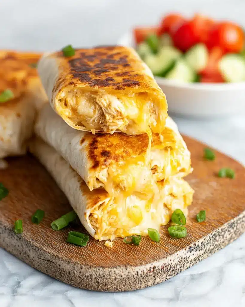 Stack of crispy cheesy garlic chicken wraps with gooey melted cheese on a wooden board