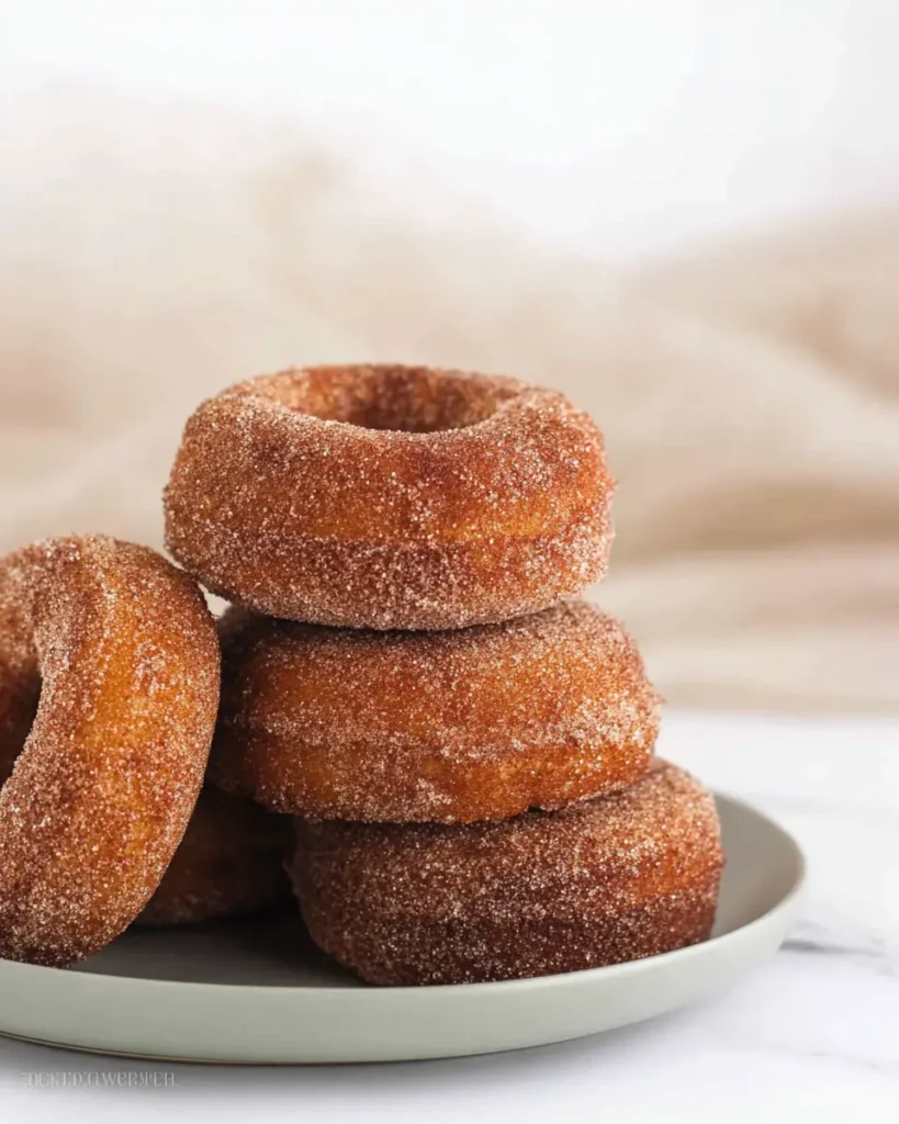 Stack of cinnamon sugar pumpkin donuts on a white plate with a soft sugar coating and warm brown crust