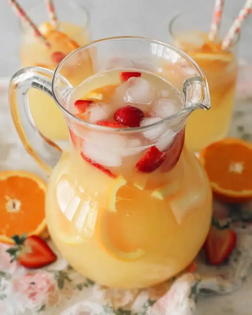 Glass pitcher filled with citrus breakfast punch with sliced oranges, lemons, strawberries, and ice on a pastel table
