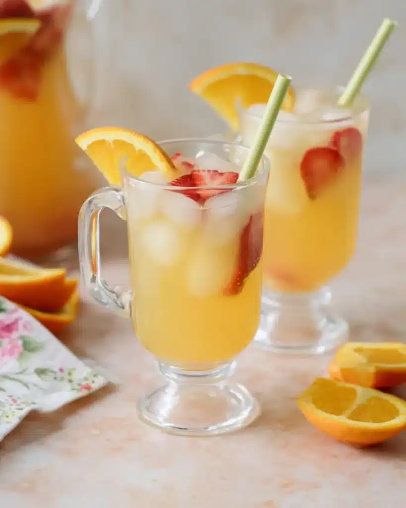 Glass mugs of citrus breakfast punch with strawberries, ice, and straws on pastel table with sliced citrus