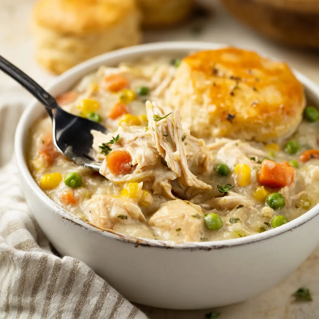 Easy Slow Cooker Chicken Pot Pie served in a white bowl with a fork and golden biscuit on the side