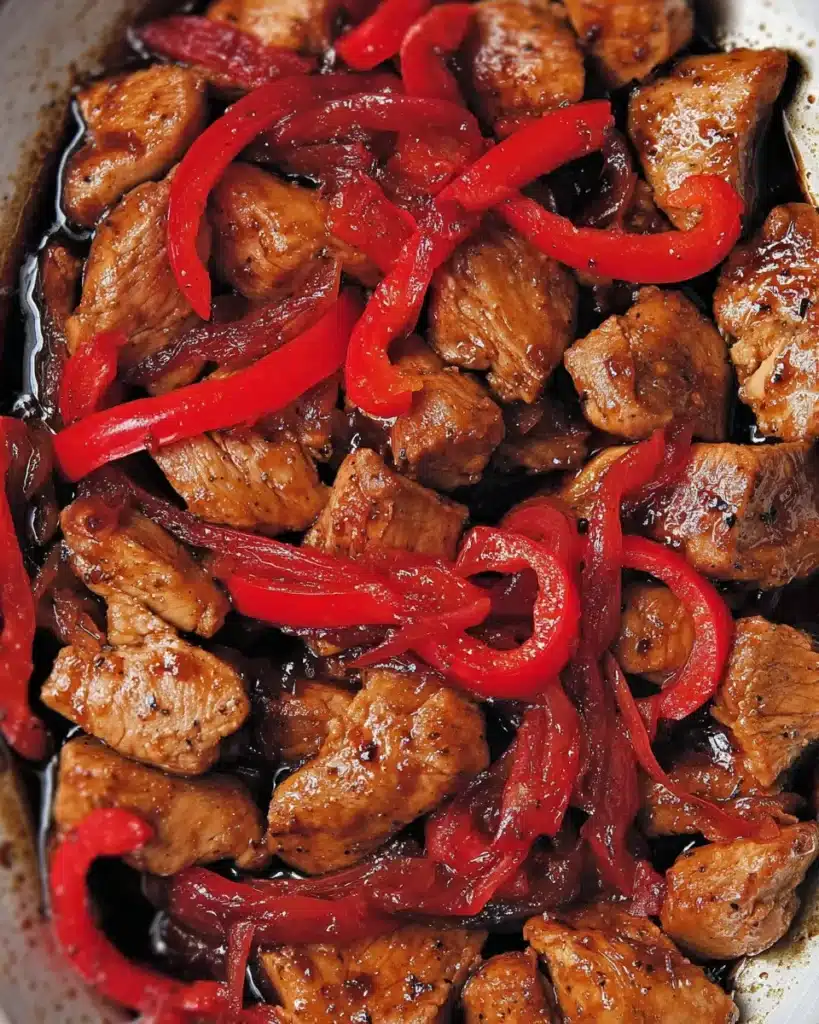 Extreme close-up of glazed black pepper chicken and red bell peppers coated in soy sauce