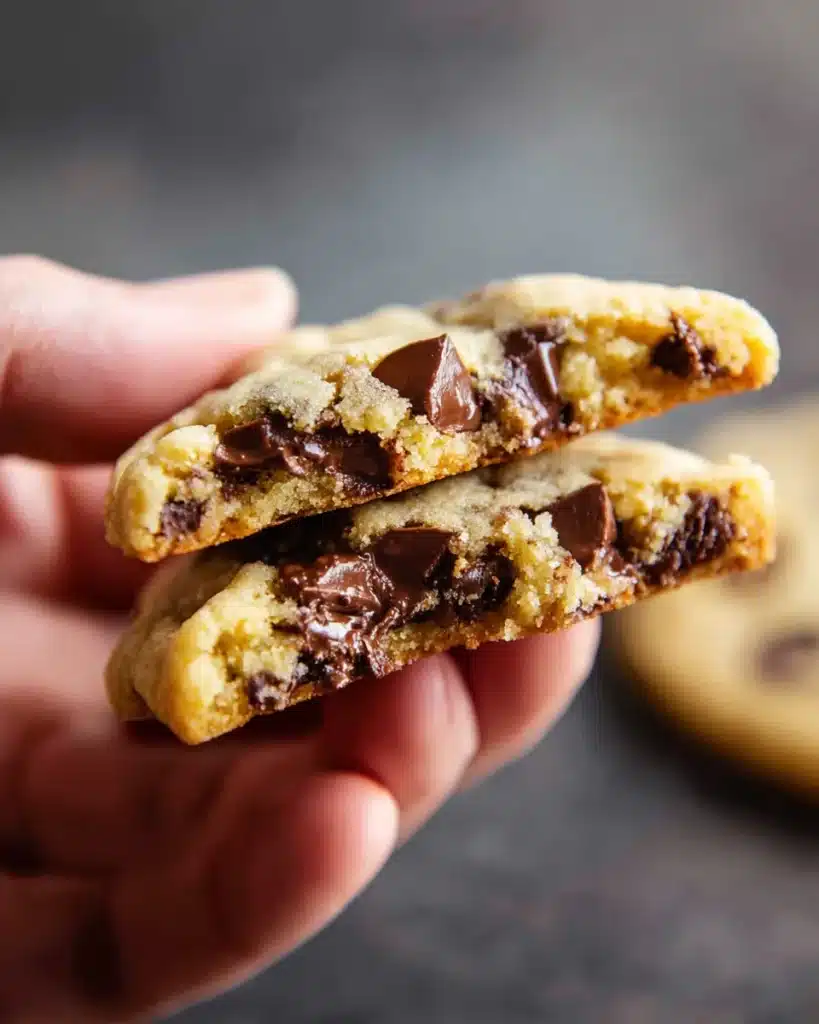 Hand holding a broken soft chocolate chip cookie showing gooey melted chocolate and soft center