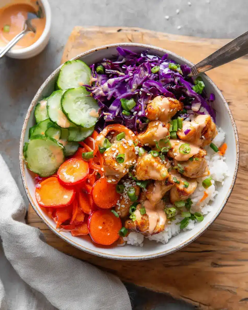 Bang Bang Chicken Bowls with creamy sauce, sautéed veggies, crispy chicken, and rice in a white bowl