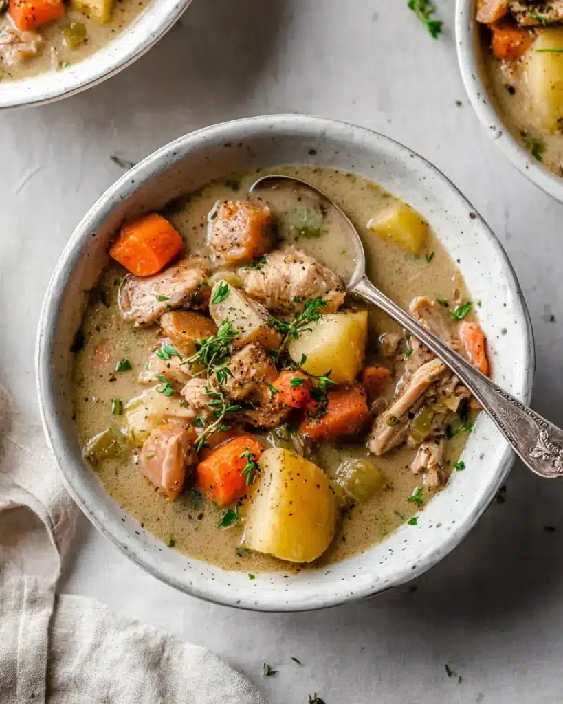 Rustic bowl of slow cooker chicken stew with carrots, potatoes, and a spoon in creamy broth