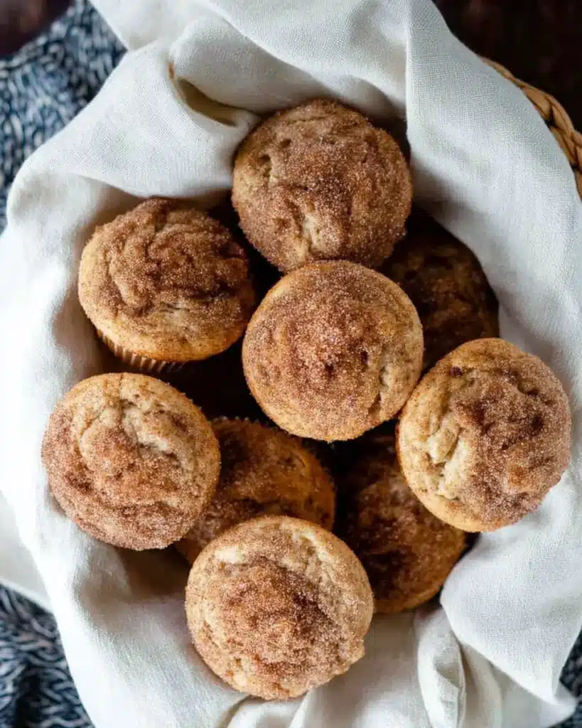 Close-up pile of golden cinnamon muffins with cinnamon sugar tops on rustic table.