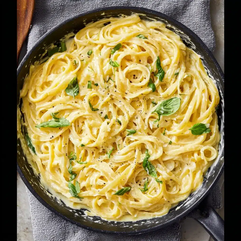Overhead view of creamy lemon pasta in black skillet with fresh herbs and coconut sauce